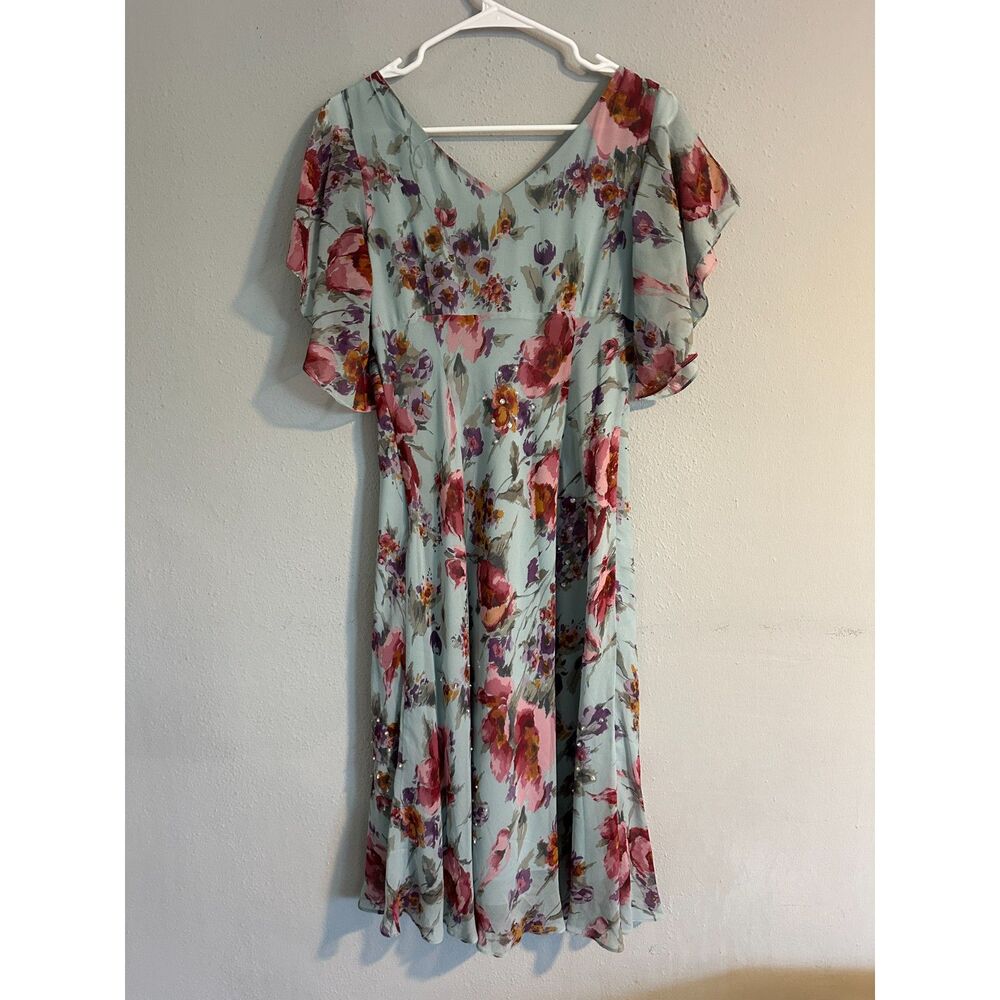 Adrianna Papell 100% Silk Floral Midi Dress Blue Flutter Sleeve Women's 8 - Picture 9 of 11
